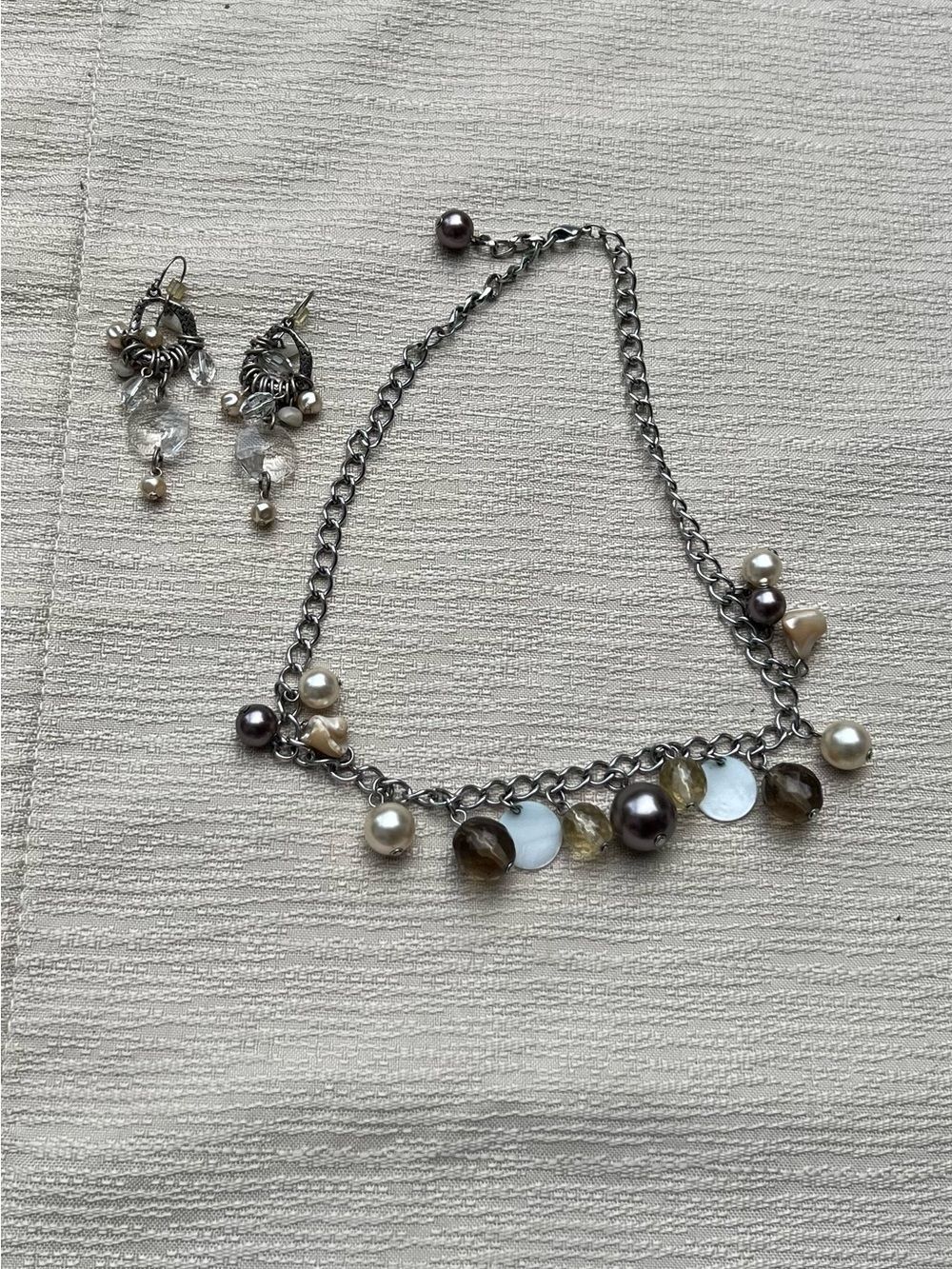 Pearl & Bead Charm Chain Necklace & Earrings